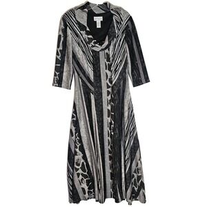 Bethany Dress Womens Medium Black Gray Cowl Neck A-Line Animal Print 3/4 Sleeve